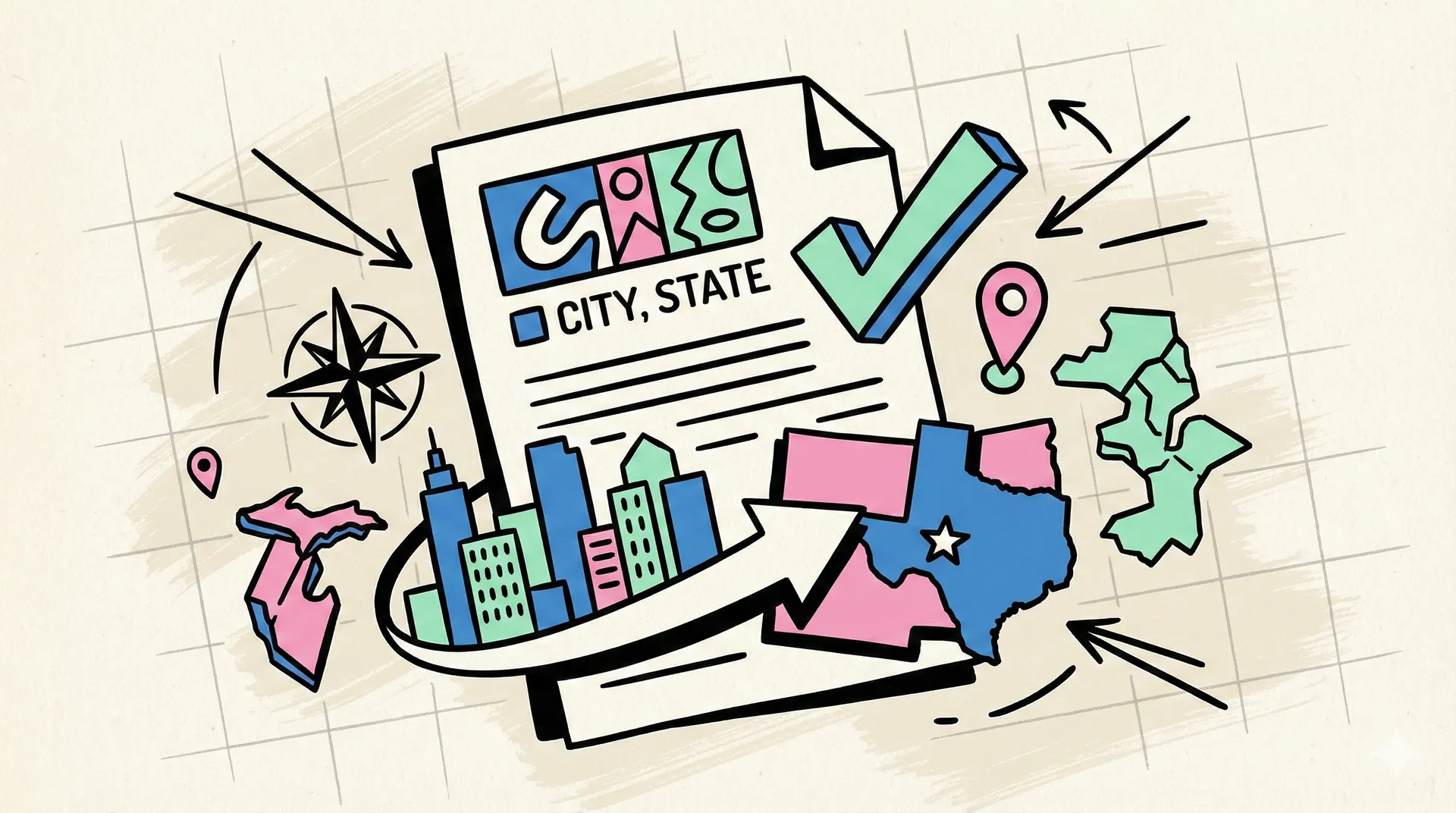 Illustration showing the city and state which are the only things neccesarry if you want to include